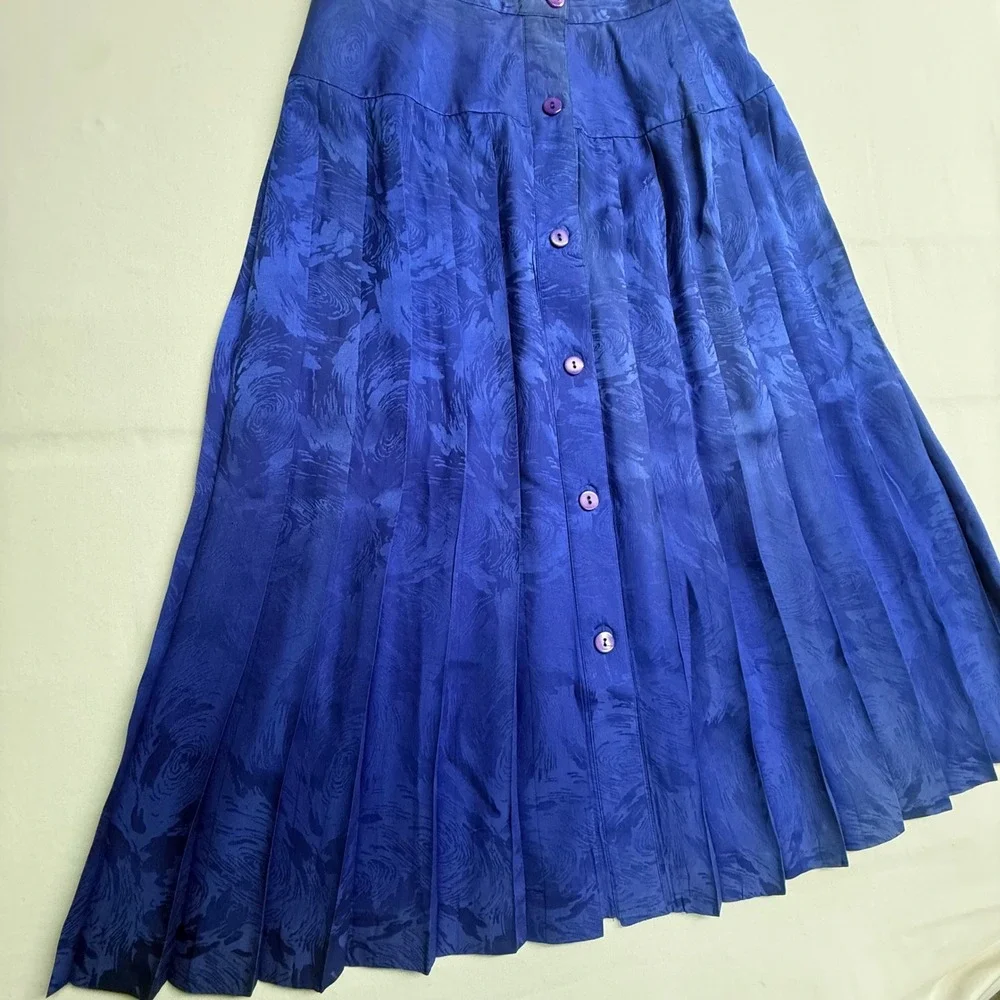 Vintage Argenti Silk Skirt 8 Cobalt Blue Jacquard Pleated Button Front Midi